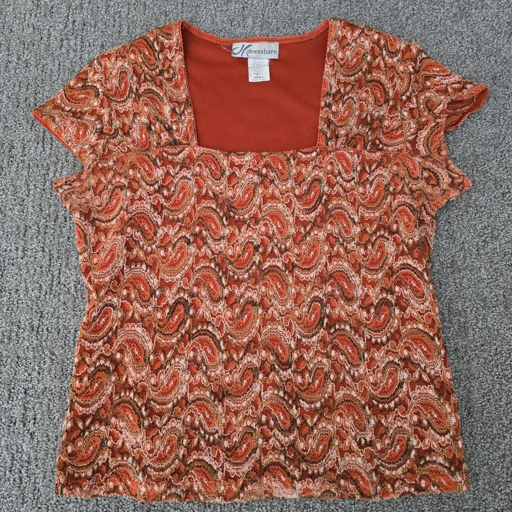 DressBarn Paisley‎ Top Womens S Orange Brown Square Neck Y2K Boho Stretch